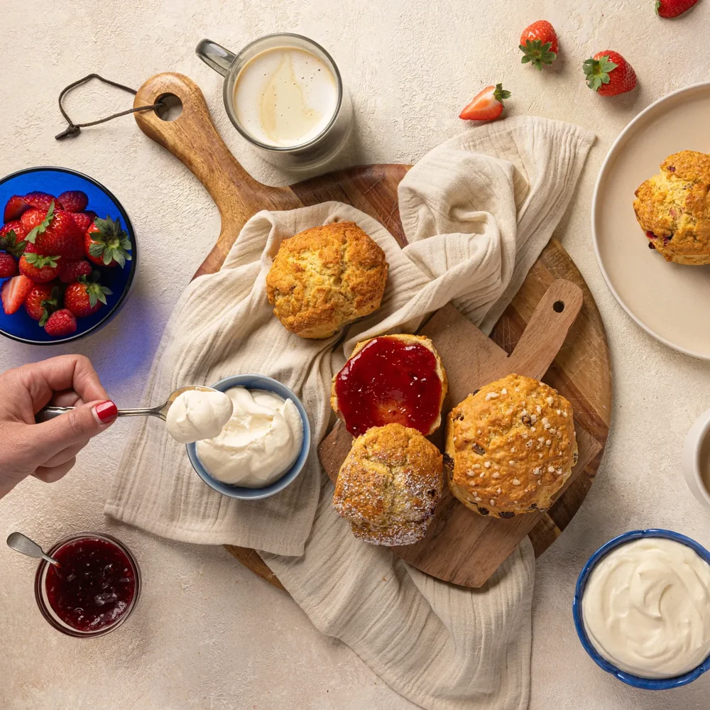 Scones with jam and cream on a wooden board, styled for Avonmore